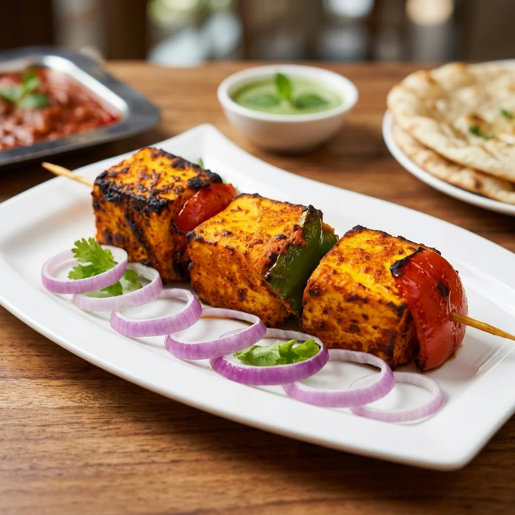 Paneer tikka skewers with bell peppers, onion and mint chutney at Dawat India Restaurant in Regina, SK