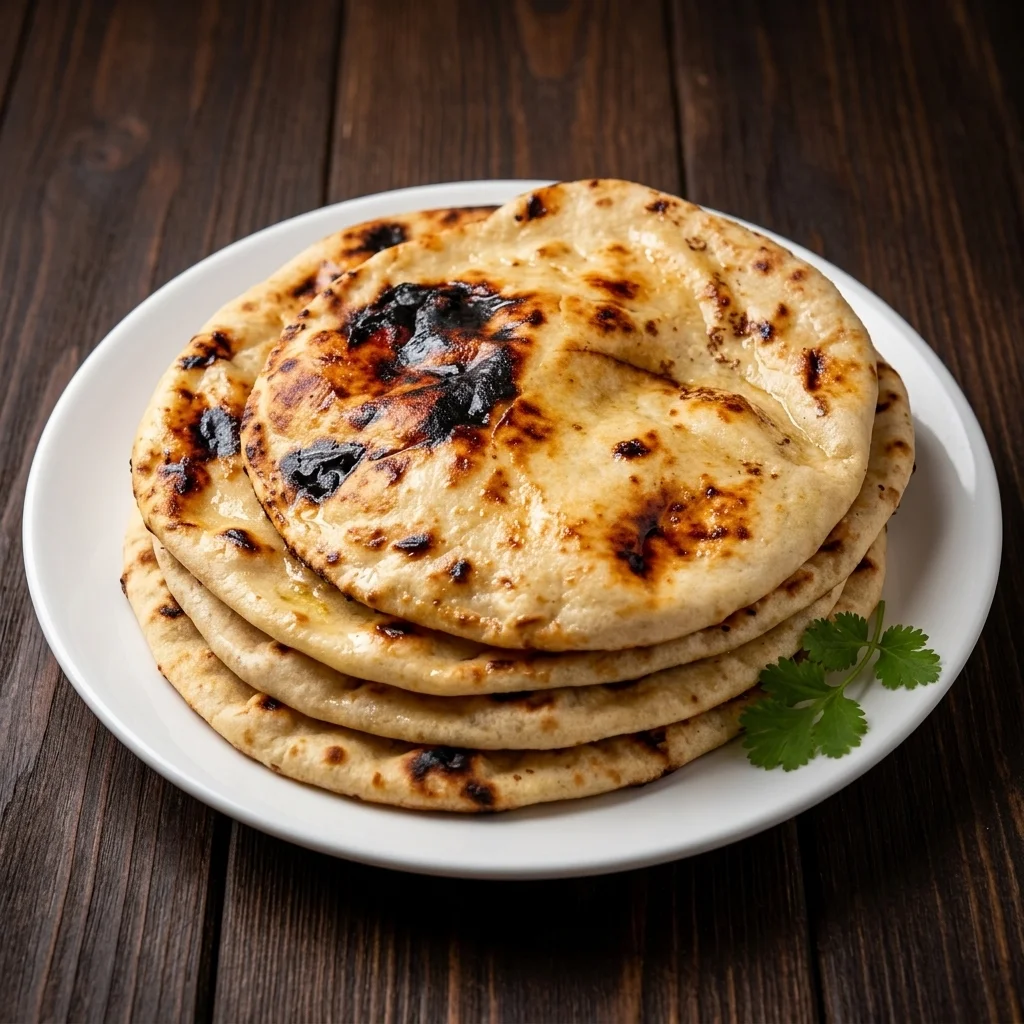 Fresh tandoor-baked naan brushed with butter at Dawat India Restaurant in Regina, SK