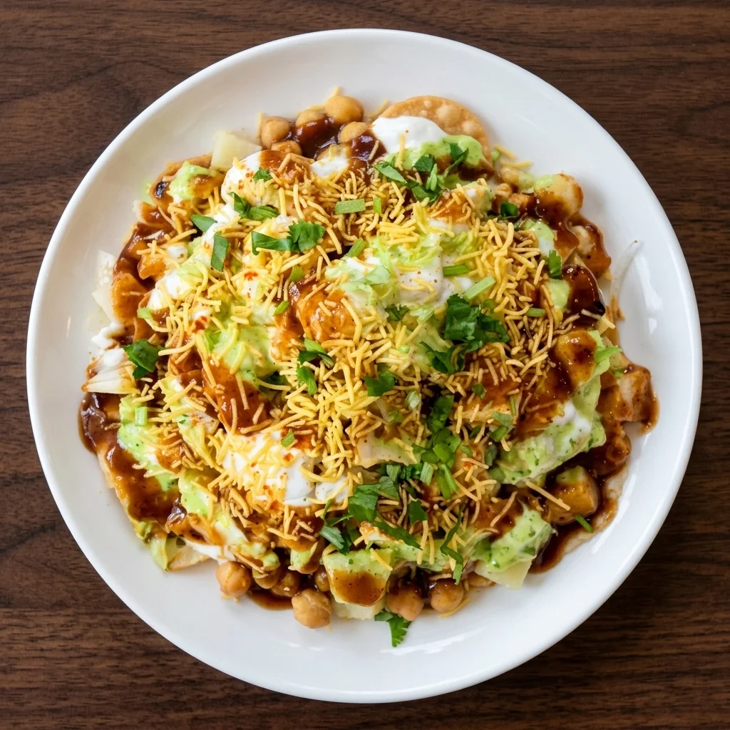 Samosa chaat topped with chickpeas, onions and mint chutney at Dawat India Restaurant, Regina