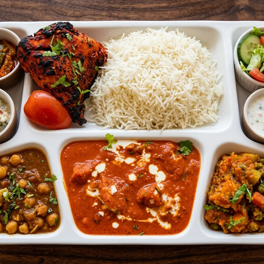 Thali-style combo from Dawat India Restaurant, Regina — curry, dal, rice, salad, naan, raita and dessert