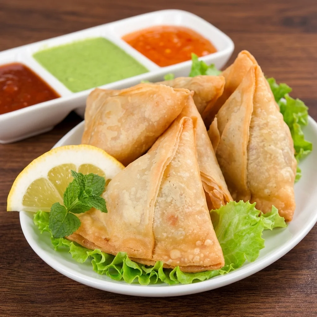 Crispy vegetable samosas with mint and tamarind chutneys at Dawat India Restaurant, Regina