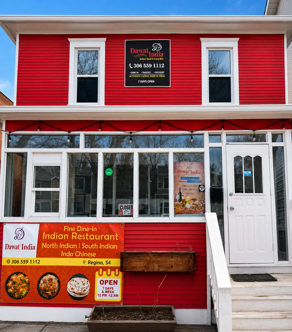 Dawat India Restaurant storefront at 2167 Hamilton Street, Regina, SK — red exterior with dine-in, takeout and delivery signage